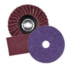 Industrial abrasives including hand pad, flap disc, and cutting wheel for metalworking and finishing